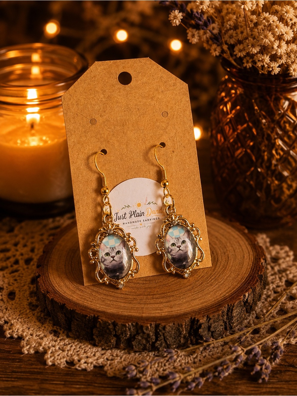 Cat Portrait Gold Tone Dangle Earrings Whimsical Kitty Jewelry